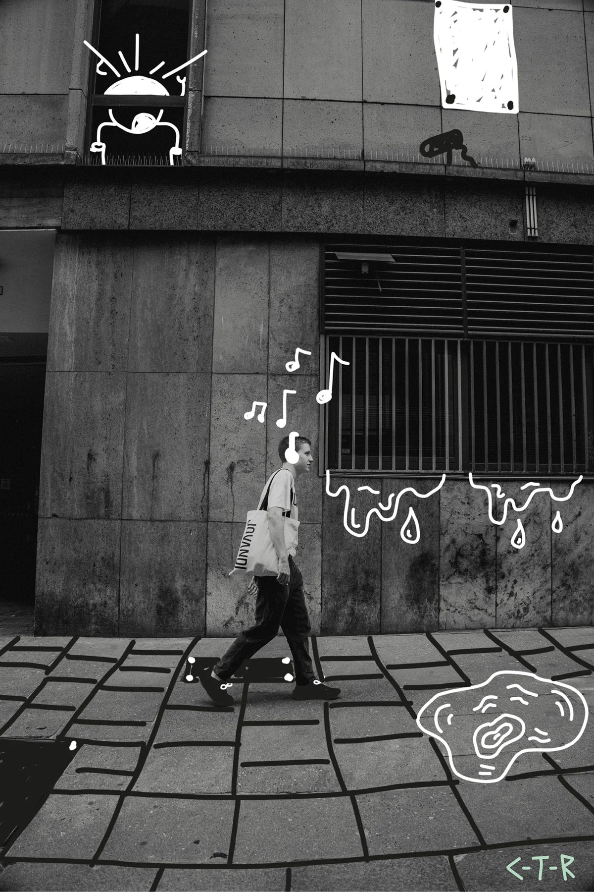 Alt text:
Black-and-white street photo of a person walking while carrying a **Jovandi tote bag** and wearing a **Jovandi T-shirt**, surrounded by white hand-drawn illustrations such as music notes, melting shapes, and graphic elements on the wall and pavement.
